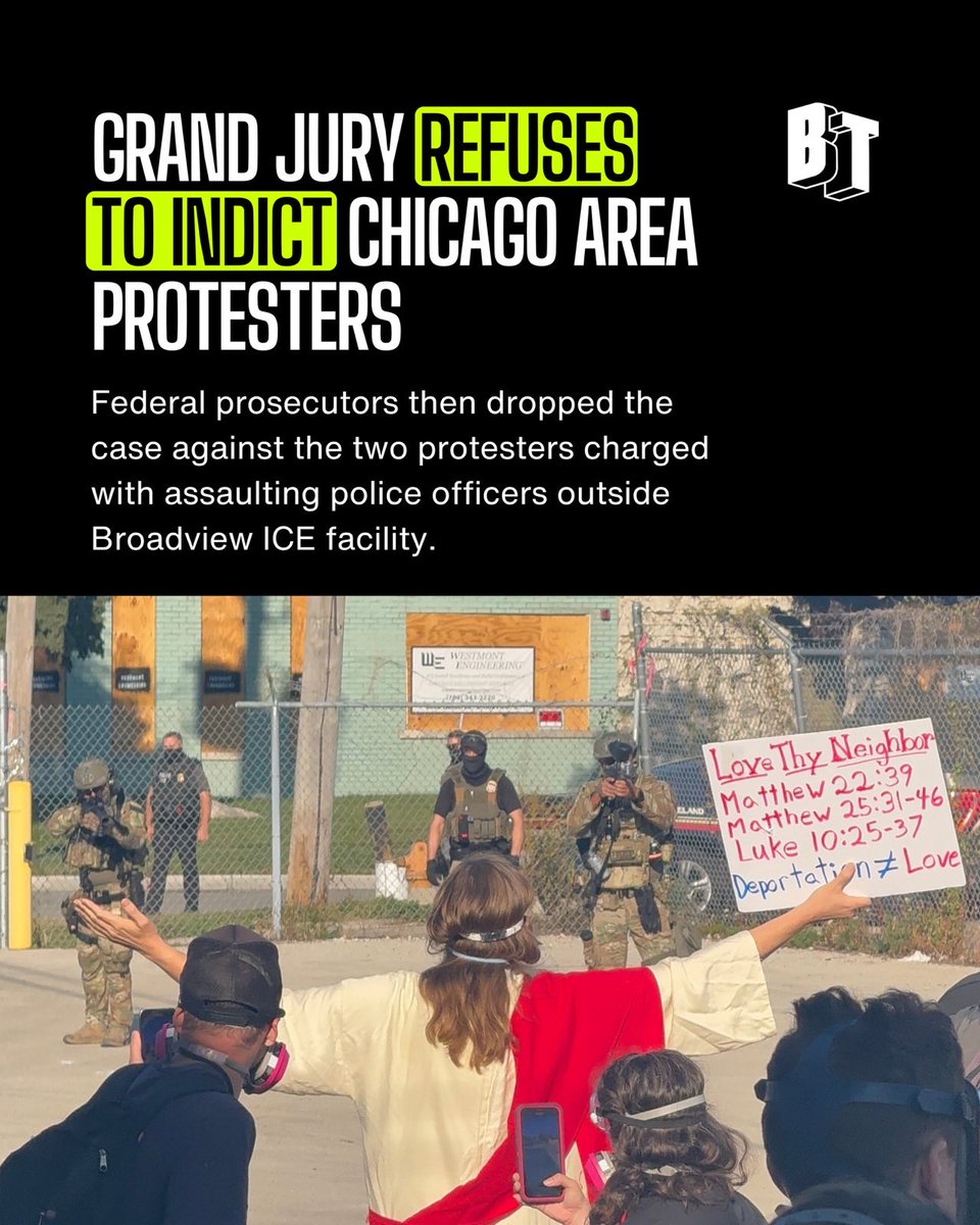 In a rare move on Wednesday a federal grand jury declined to indict two protesters charged with impeding and assaulting police officers at the ICE facility in Broadview outside of Chicago.

The dropped charges were linked to Saturday’s protest at the facility, where 11 people