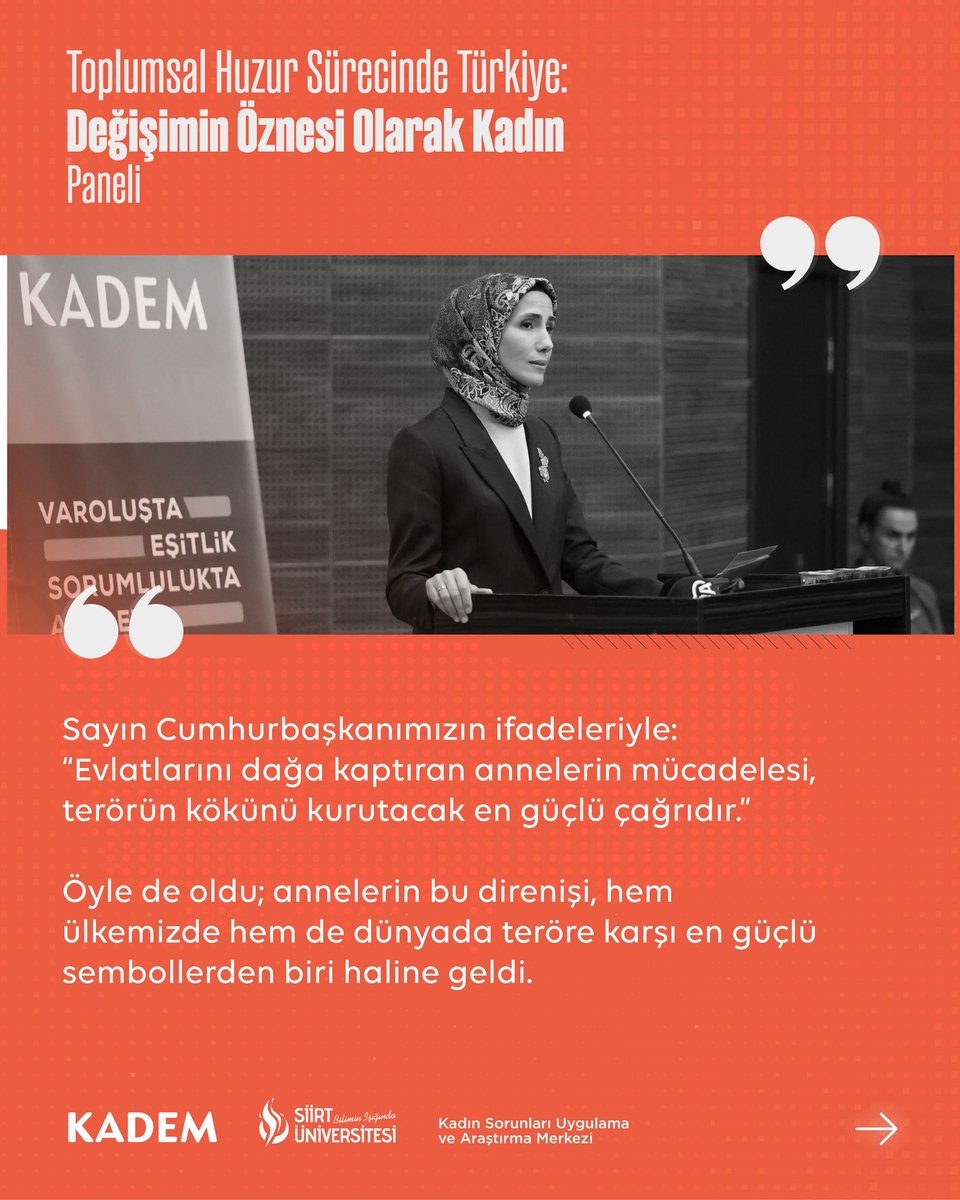 kademorgtr's tweet photo. Mütevelli Heyet Başkanımız Sümeyye Erdoğan Bayraktar, Siirt Üniversitesi Kadın Sorunları Uygulama ve Araştırma Merkezi ile birlikte düzenlediğimiz “Toplumsal Huzur Sürecinde Türkiye: Değişimin Öznesi Olarak Kadın” panelinde konuştu.🎙️📝 https://t.co/uqXcUEb4jN