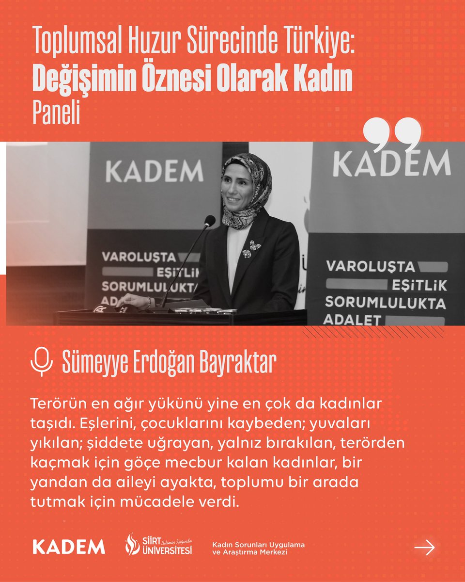 kademorgtr's tweet photo. Mütevelli Heyet Başkanımız Sümeyye Erdoğan Bayraktar, Siirt Üniversitesi Kadın Sorunları Uygulama ve Araştırma Merkezi ile birlikte düzenlediğimiz “Toplumsal Huzur Sürecinde Türkiye: Değişimin Öznesi Olarak Kadın” panelinde konuştu.🎙️📝 https://t.co/uqXcUEb4jN