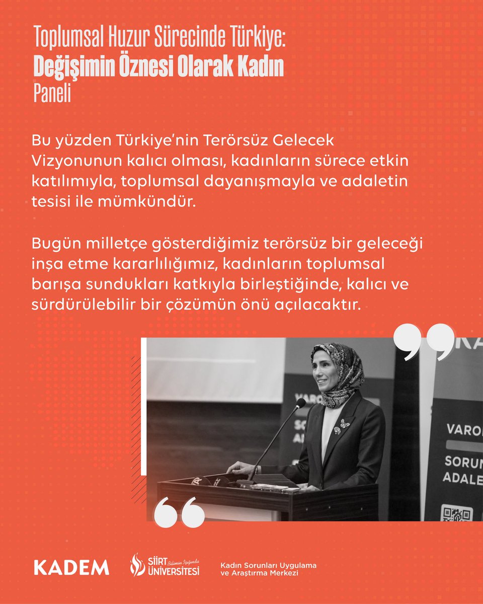 Mütevelli Heyet Başkanımız Sümeyye Erdoğan Bayraktar, Siirt Üniversitesi Kadın Sorunları Uygulama ve Araştırma Merkezi ile birlikte düzenlediğimiz “Toplumsal Huzur Sürecinde Türkiye: Değişimin Öznesi Olarak Kadın” panelinde konuştu.🎙️📝