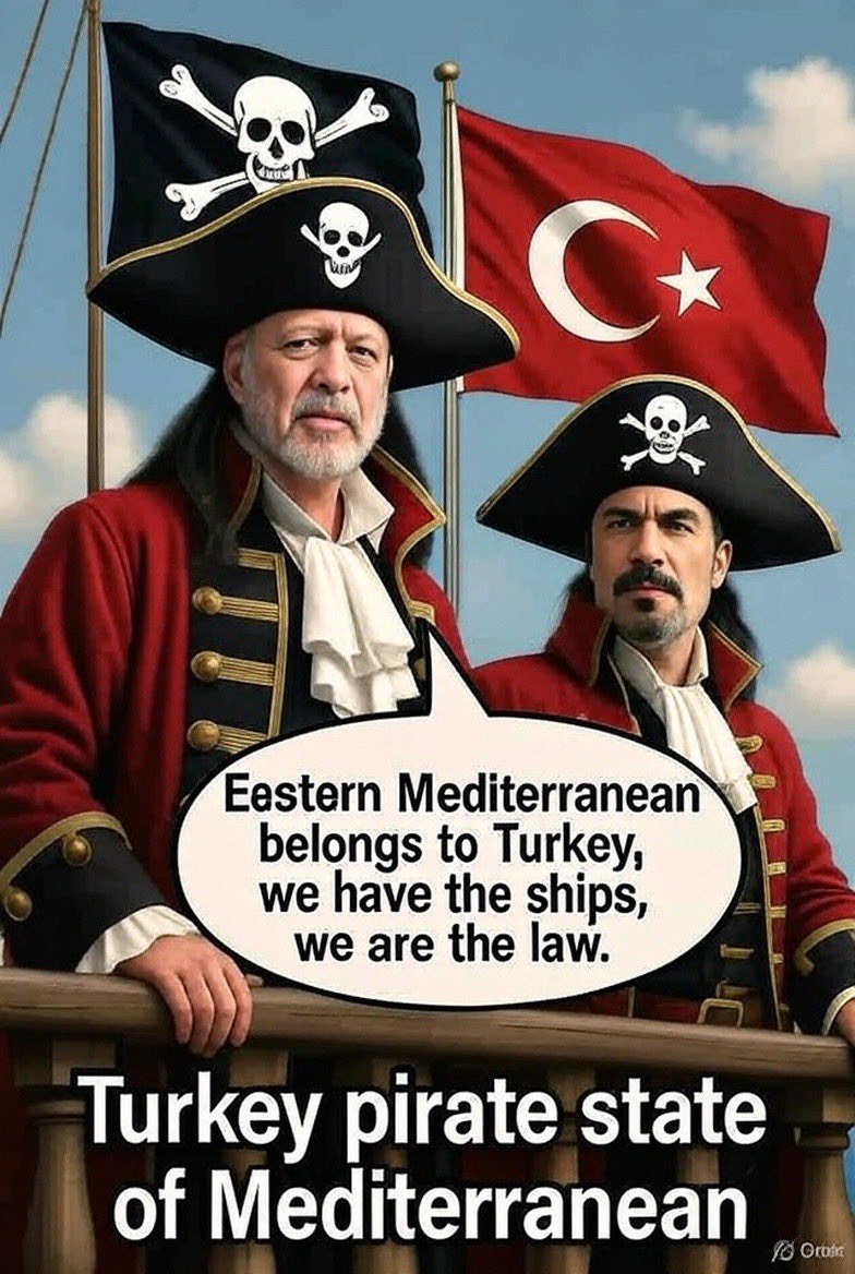 EastMedMonitor's tweet photo. Turkey the #pirateState 🏴‍☠️ of the Mediterranean which claims illegally the EEZ’s of Greece and Cyprus by the threat or use of military force accuses Israel for piracy !

They disregard int law when it restricts their expansionism and they preach whenever is convenient others …

What a hypocrisy by the bully of Eastern Mediterranean!

Thks Grok for the nice image #TurkeyPirateState