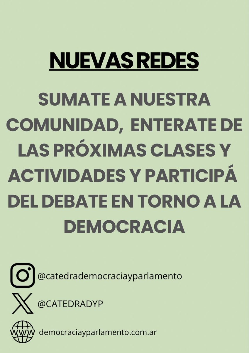 DParlamento's tweet photo. Súmate a la comunidad de la Cátedra en nuestras nuevas redes para no perderte las próximas actividades 
Te esperamos ! 

@CatedraDyP https://t.co/1F1lenzNYS
