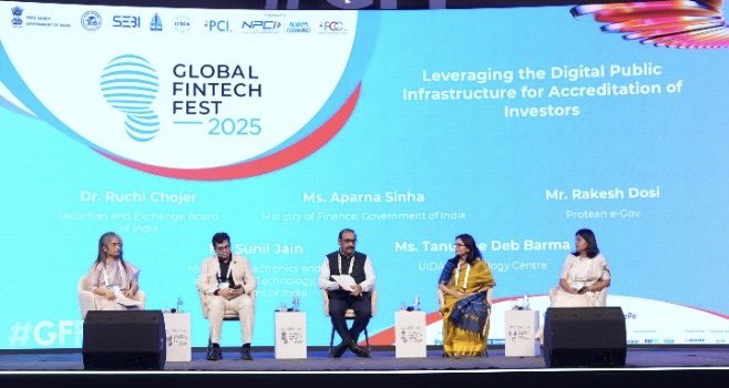 UIDAI's tweet image. The session on ‘Leveraging the DPIs for Accreditation of Investors’ highlighted how Aadhaar-enabled DPIs can help build a robust, transparent, and inclusive framework for investor verification.
#Aadhaar #GFF #GFF2025 #GlobalFintechFest