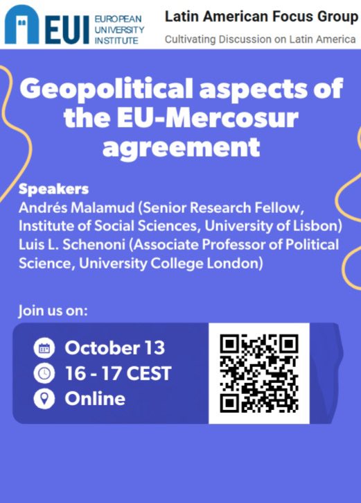 salvalescano's tweet photo. El próximo lunes tenemos un panel de lujo con @andresmalamud @llschenoni organizado por el LATAM Focus Group del @stgeui donde vamos a hablar de la dimensión geopolítica del Acuerdo Mercosur-UE 🌎🇪🇺
Pueden inscribirse acá: https://t.co/OwRq0s6bIL https://t.co/h8QektDda9