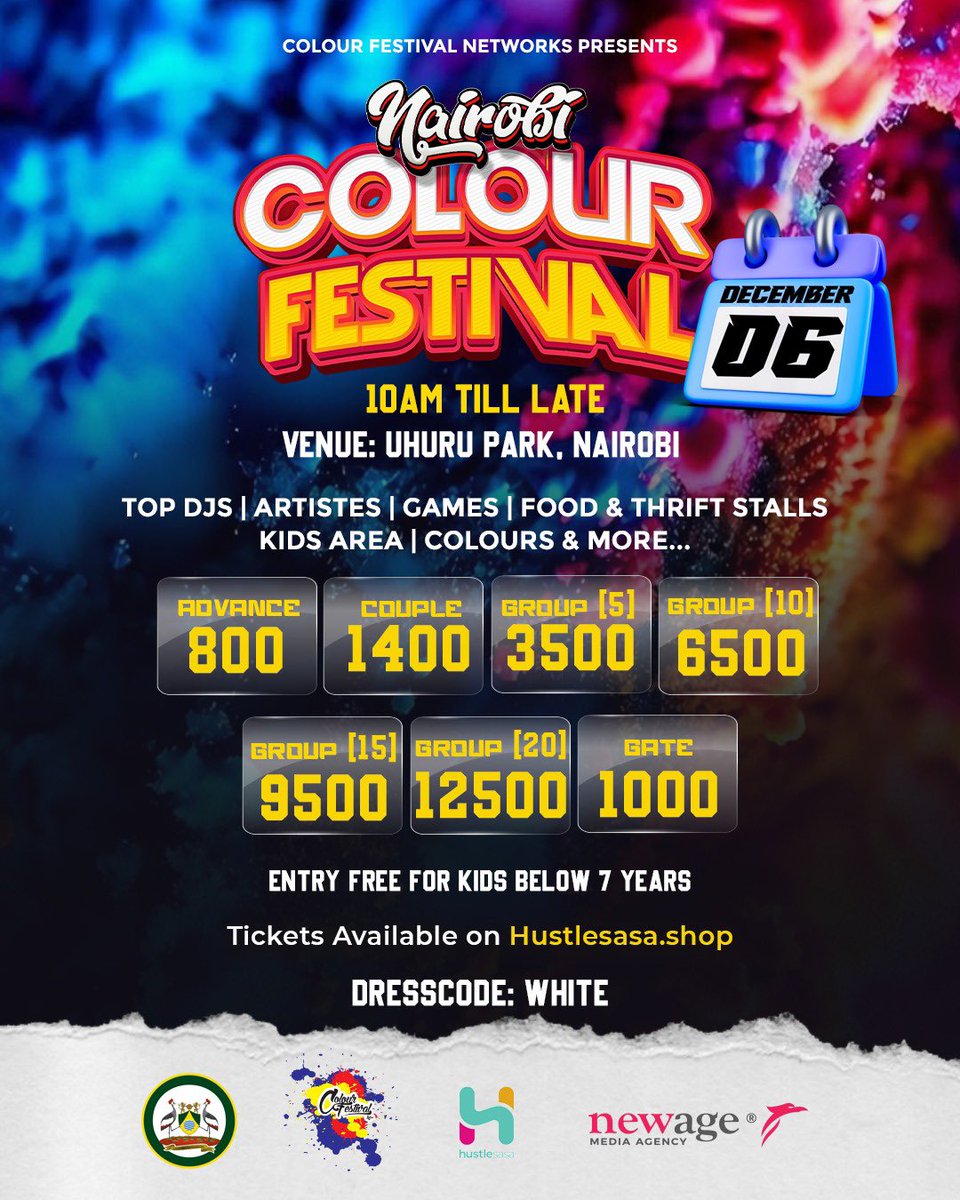 🎨 NAIROBI COLOUR FEST IS BACK! 🌈

📅 6TH DEC 2025 | 📍 Uhuru Park, Nairobi

🕙 10AM till Late

🎟 Advance: 800 | Couple: 1400 | 

Group5: 3500 | Gate: 1K

Kids <7: FREE

🎫 Get tix on <a href="/Hustle_Sasa/">HustleSasa</a> 👉 colourfestke.hustlesasa.shop

#NairobiColourFest 
#ColourFestKE