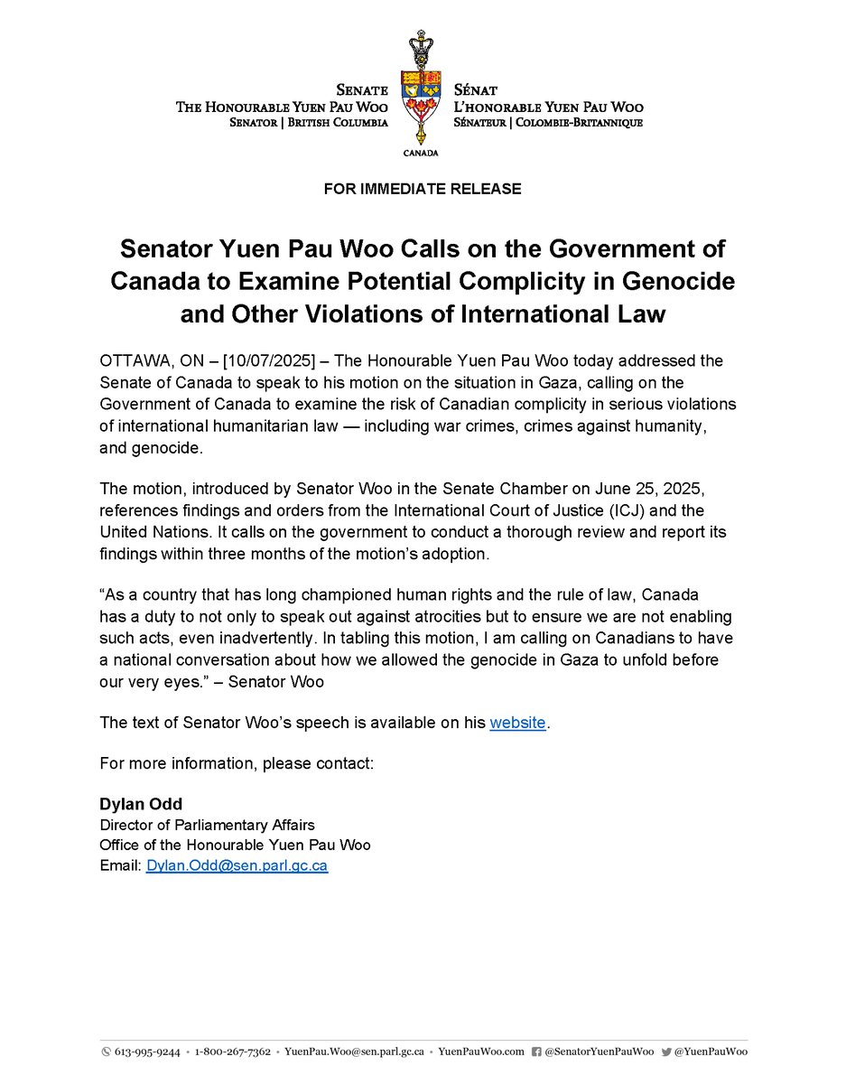 PRESS RELEASE: Senator Woo Calls on the Government of Canada to Examine Potential Complicity in Genocide and Other Violations of International Law

Watch &amp; read the full speech: senatoryuenpauwoo.ca/en/parliamenta…
