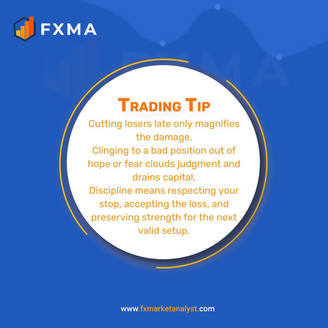 fxmarketanalyst's tweet photo. 📊 Tip of the Day
Don’t cling to losing trades. 🚫
Respect your stop, cut losses early, and save capital for the next setup. 🛡️📈
#TradingTips #TraderDiscipline #SmartTrading https://t.co/UOpx9C96AP
