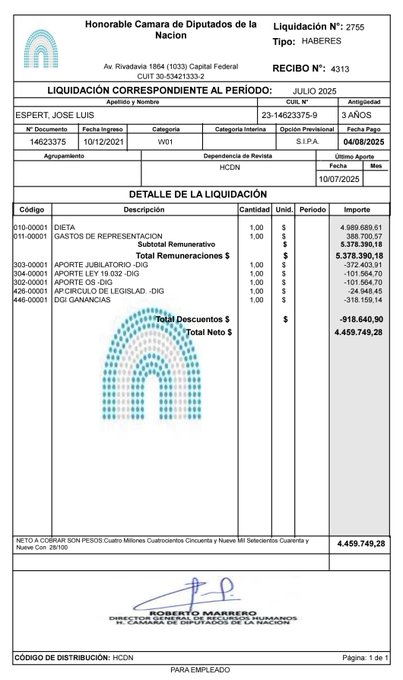 Official liquidation document from the Argentine Chamber of Deputies for José Luis Espert, detailing monthly remuneration breakdown including base salary of 3,689,018 pesos, total deductions of 474,569 pesos, and net payment of 4,454,620 pesos, signed by Roberto Mario García, with rainbow-colored official seal and administrative notes on withholdings.