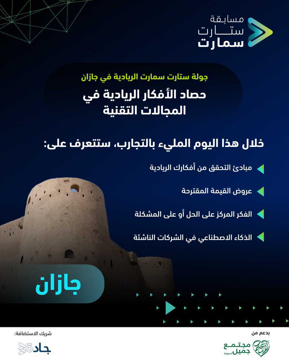 هل حاولت يوماً أن تؤسس مشروعاً ريادياً ولكنك لم تعرف من أين تبدأ؟ انضم إلى معسكرنا التدريبي القادم بجولتنا التعريفية القادمة المقامة في مدينة جازان، بعنوان "حصاد الأفكار الريادية في المجالات التقنية"، والتي ستستعرض أيضاً تجربة رائد الأعمال سليمان الخطيب <a href="/ssjpss/">سليمان بن عثمان الخطيب</a> للتعمق في أبرز