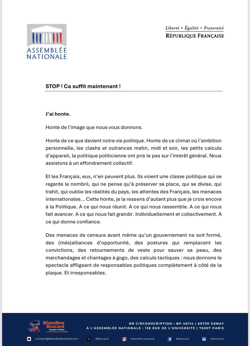 BBrocard's tweet image. 📝 STOP ! Ça suffit maintenant !

« J’ai honte. 
Honte de l’image que nous vous donnons. 
Honte de ce que devient notre vie politique. 
[…]
Et je refuse cette spirale d’irresponsabilités, ce désordre invariable, ce cynisme impuissant et ce chaos ».

Ma tribune en intégralité👇