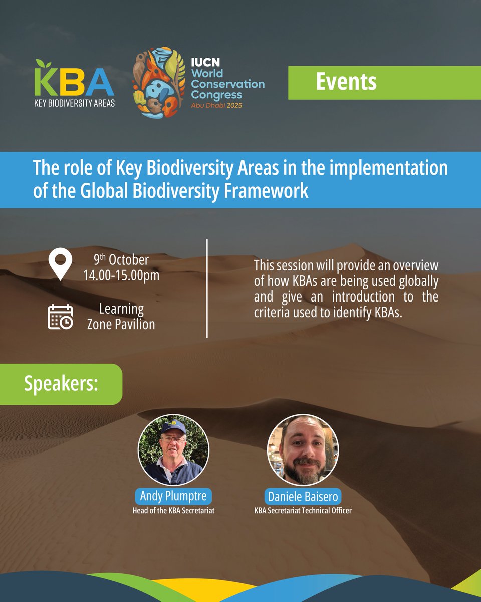 #KBAs at the #IUCNCongress | 𝗧𝗵𝗲 𝗿𝗼𝗹𝗲 𝗼𝗳 𝗞𝗲𝘆 𝗕𝗶𝗼𝗱𝗶𝘃𝗲𝗿𝘀𝗶𝘁𝘆 𝗔𝗿𝗲𝗮𝘀 𝗶𝗻 𝘁𝗵𝗲 𝗶𝗺𝗽𝗹𝗲𝗺𝗲𝗻𝘁𝗮𝘁𝗶𝗼𝗻 𝗼𝗳 𝘁𝗵𝗲 𝗚𝗹𝗼𝗯𝗮𝗹 𝗕𝗶𝗼𝗱𝗶𝘃𝗲𝗿𝘀𝗶𝘁𝘆 𝗙𝗿𝗮𝗺𝗲𝘄𝗼𝗿𝗸 🌿

📅09/10/2025
🕘14.00–15.00pm
📍Learning Zone Pavilion