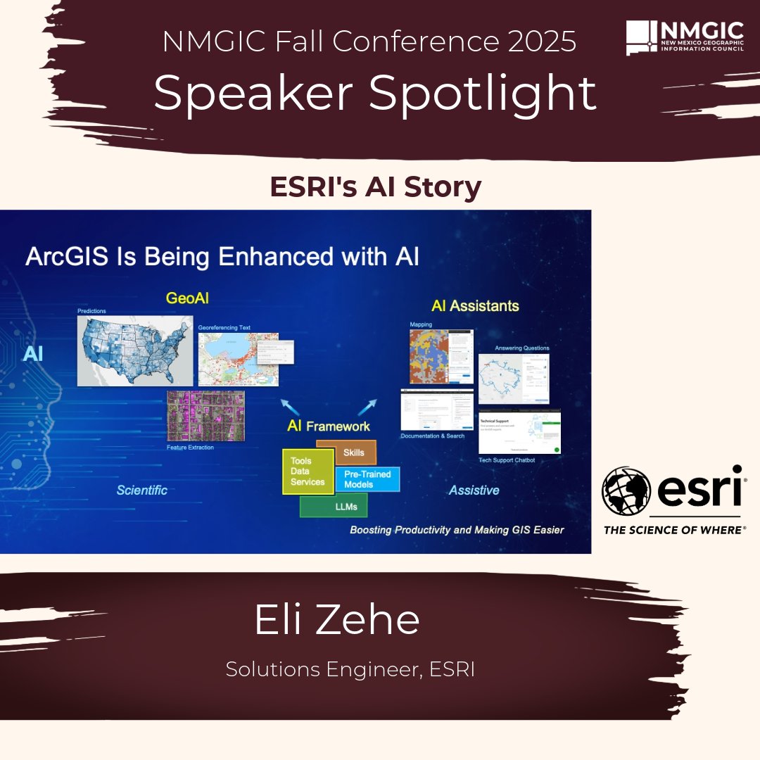 NMGIC SPEAKER SPOTLIGHT: Eli Zehe, Solutions Engineer <a href="/Esri/">Esri</a> will talk about ESRI's AI Story at the NMGIC Fall Conference nmgic.com/nmgic-fall-con… #GeoAI