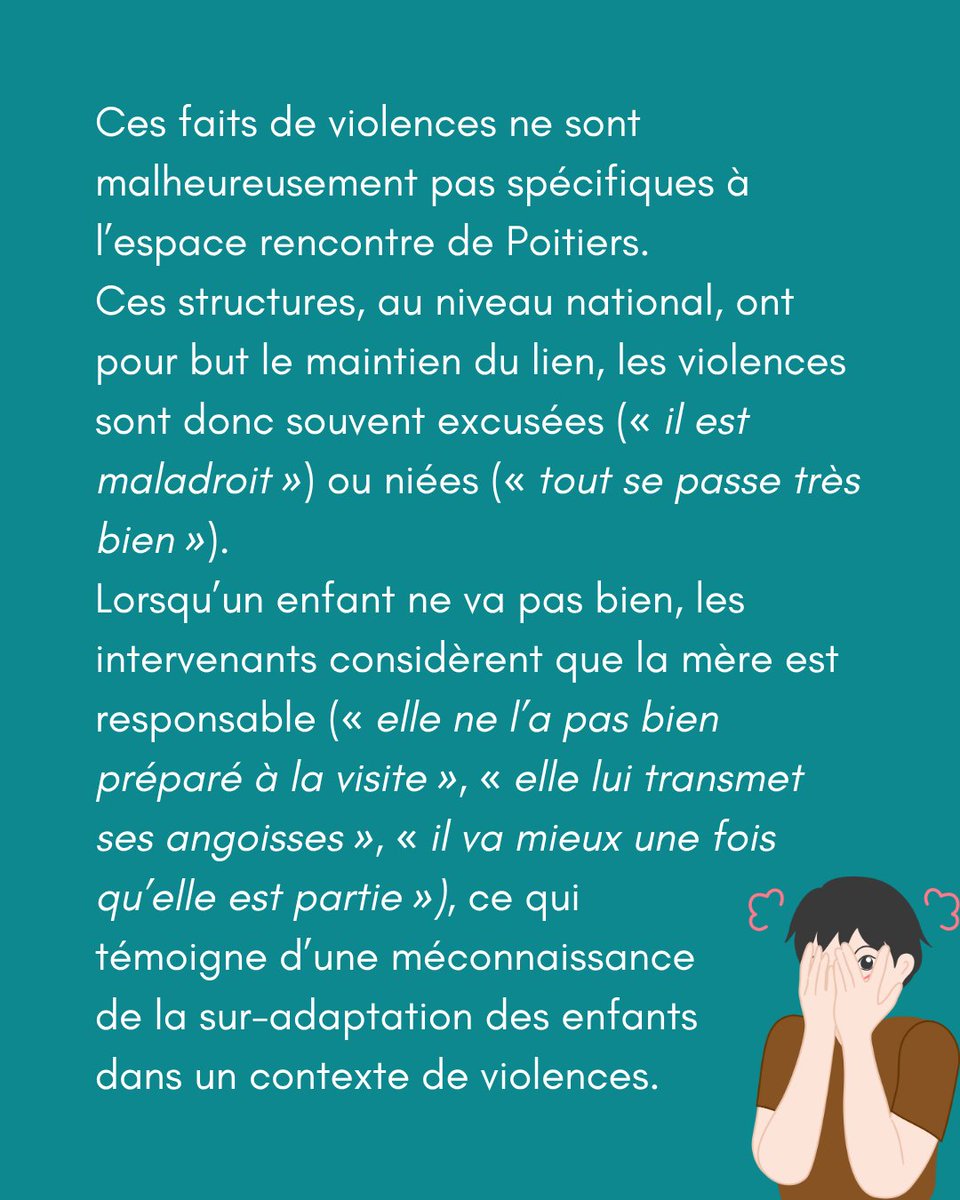 🔶Ces dérives ne sont pas isolées : au niveau national, les espaces rencontre, censés maintenir le lien familial, deviennent parfois des lieux de reproduction de la violence. Les signaux des enfants sont minimisés, la parole des mères discréditée &amp; les violences souvent niées
3/8