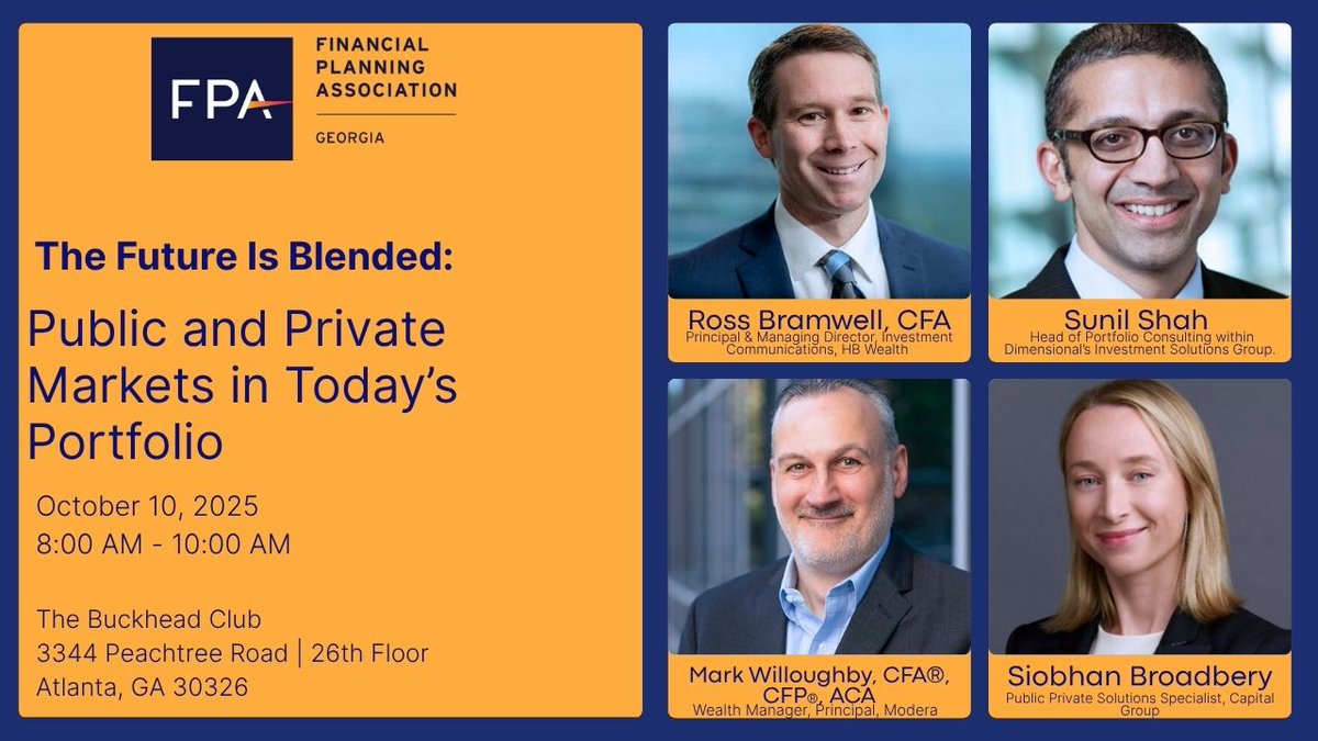 🚀 Join us Oct 10 at the Buckhead Club for The Future is Blended: Public &amp; Private Markets! Learn how top firms are integrating private investments to build resilient portfolios. Free breakfast ☕ + 1 hr CE + networking!
🎟️ Register now: ow.ly/cOlg50X8CAR #Investments