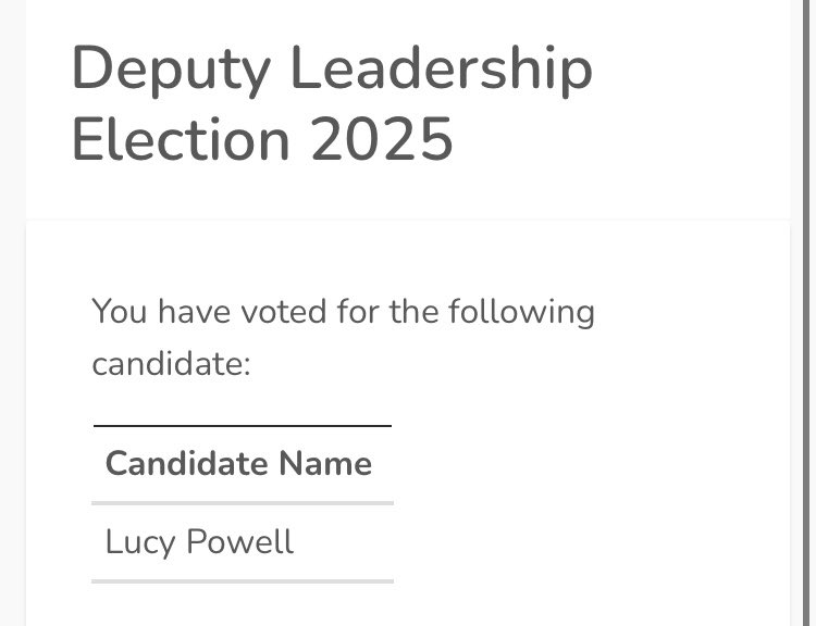 Alex Burt (they/them) (@alexalexaburt) on Twitter photo Iβve voted <a href="/LucyMPowell/">Lucy Powell MP</a> for deputy, because we can either change course or we can face annihilation at the hands of Reform Iβve voted <a href="/LucyMPowell/">Lucy Powell MP</a> for deputy, because we can either change course or we can face annihilation at the hands of Reform