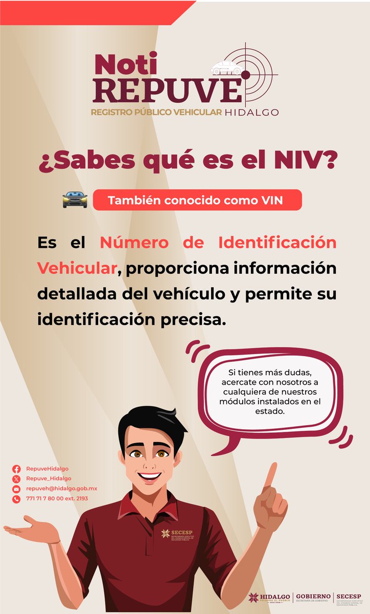 Repuve_Hidalgo's tweet image. 🚗 ¿Sabes qué es el NIV de tu vehículo?

🔎 Lo encontrarás grabado en distintas partes del vehículo y en la tarjeta de circulación.

¡Conoce su importancia en trámites como el #REPUVE!

Secretariado Ejecutivo del Consejo Estatal de Seguridad Pública

#REPUVEHidalgo #NotiREPUVE