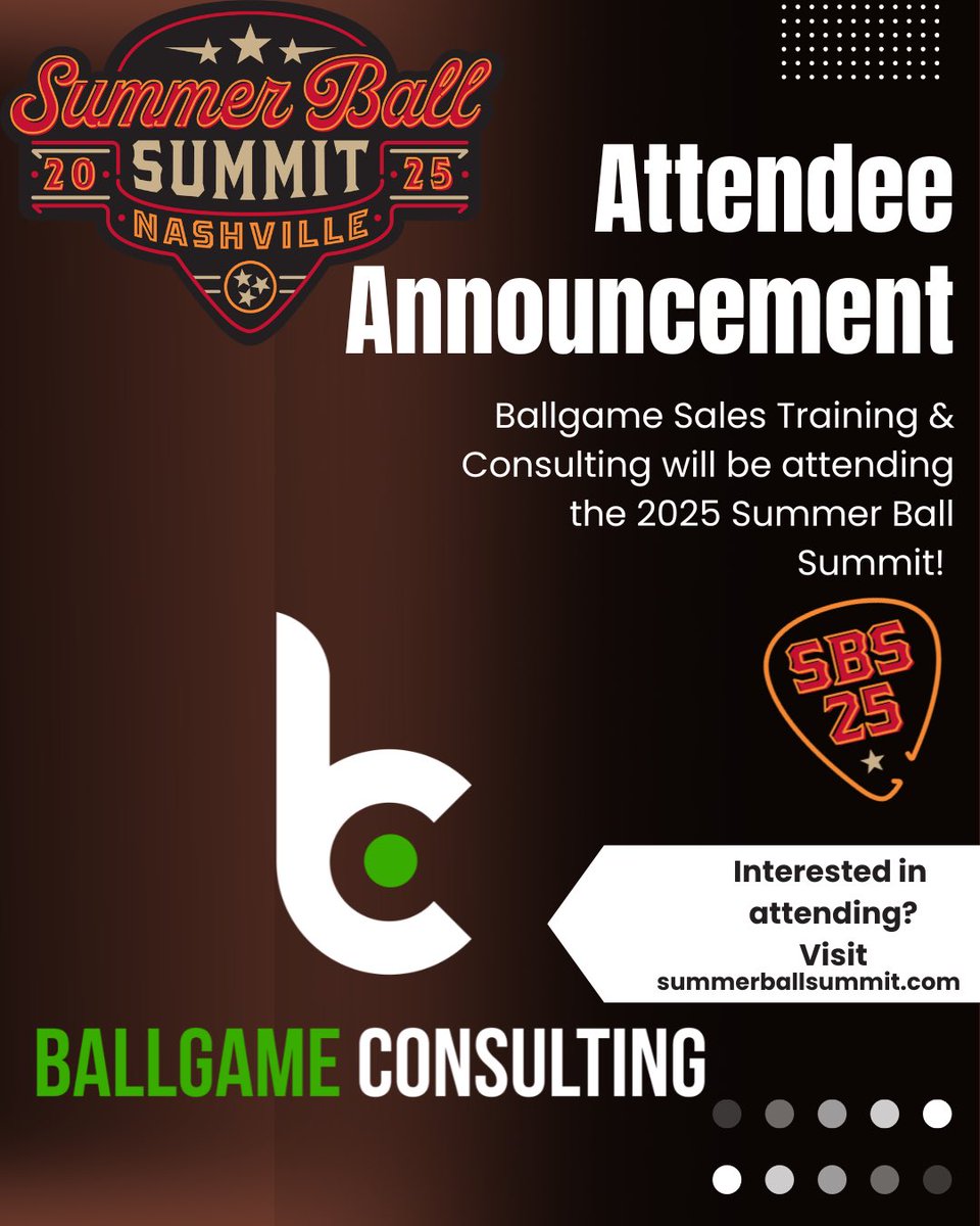 TheSummerSummit's tweet photo. Welcome Ballgame Sales Training &amp; Consulting to the 2025 Summer Ball Summit
presented by @TicketReturn 

#summerballsummit
#musiccity25 https://t.co/01TkHIxwxJ