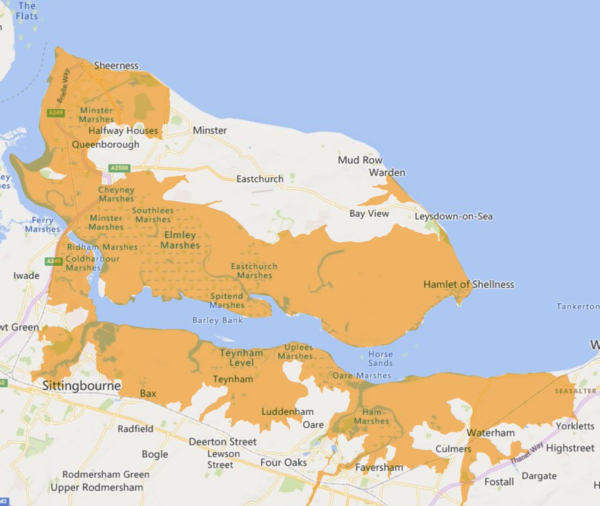 Flood alert for Isle of Sheppey and coast from Kemsley to Seasalter.
The detailed tidal forecast for those who use it is for a peak level at Sheerness of 3.46 mAODN at 1:45 PM on 09/10/2025 with westerly force 3 winds. (mAODN is height above average sea level.)
#Swale #FloodAlert