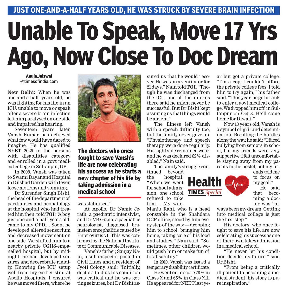 From silence and stillness to chasing his dream in medicine — once a 1½-year-old battling a severe brain infection, now on the verge of becoming a doctor. 💪✨ 

timesofindia.indiatimes.com/city/delhi/una… <a href="/AnujaJaiswalTOI/">Anuja Jaisswal</a> ✍️