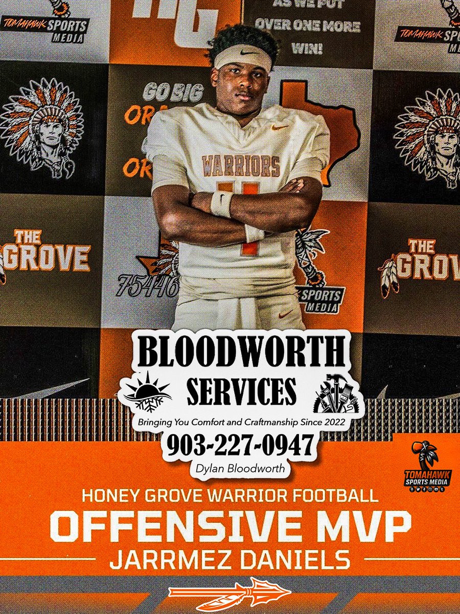🏈 BLOODWORTH SERVICES PLAYER OF THE WEEK 

🔥 Offensive MVP – Jarrmez Daniels
Jarrmez lead the Warrior Offense  in Friday night’s 53-19 win over Como-Pickton. He racked up 3 touchdowns. 2 by ✈️ 1 by 🚌