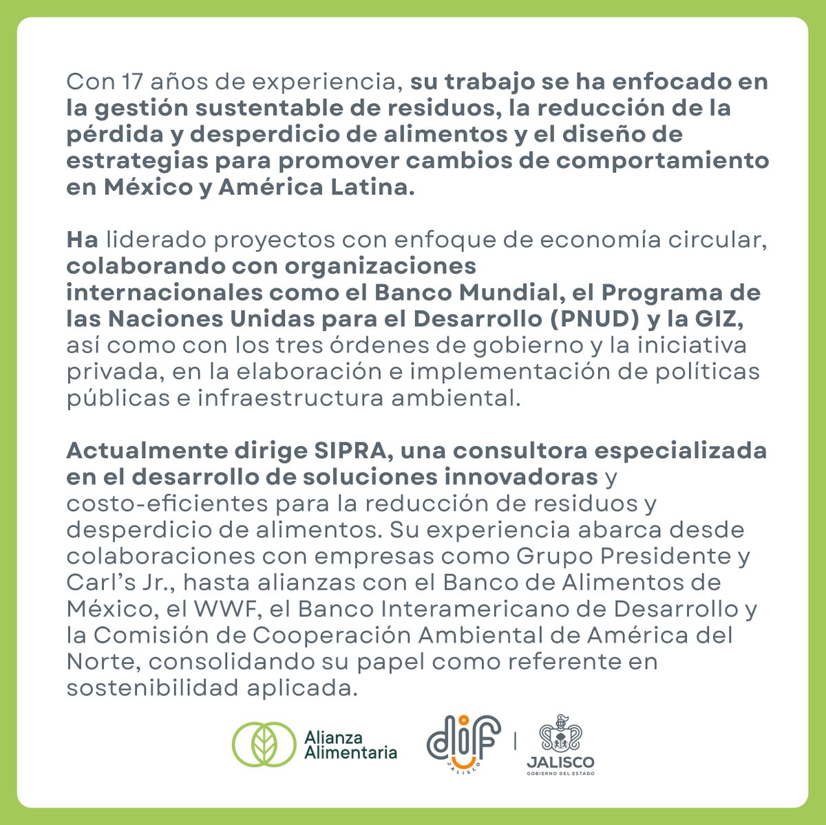 ♻️ Reducir el desperdicio de alimentos es también una estrategia climática

Con 17 años de experiencia en gestión de residuos, economía circular y diseño de políticas públicas, Selene Alencastro, CEO de <a href="/SIPRAmx/">SIPRA</a>, ha colaborado con organismos como el Banco Mundial, el PNUD, la GIZ