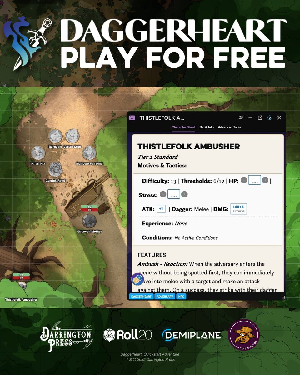 roll20app's tweet image. 🗡️❤️‍🔥 The #Daggerheart Quickstart Adventure is now available for FREE on Roll20!

Explore @DarringtonPress&apos;s hit TTRPG with full-color maps by @mapdoctor7, tokens, NPC sheets, and ready-to-play heroes. Learn the rules as you play online!

Claim yours: hubs.li/Q03MNtjx0