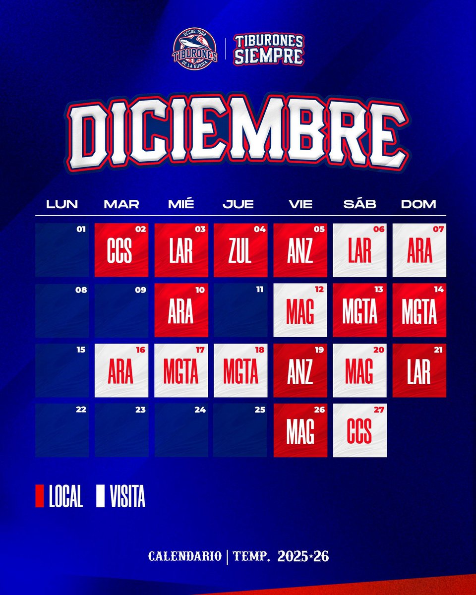 Tiburonesbbc_'s tweet photo. ¡Nuestro calendario para la temporada de la LVBP! ⚾🇻🇪

Así jugarán nuestros Tiburones de La Guaira en la campaña invernal 2025-2026. 🫡🗓️

📌 Iniciaremos nuestro camino el próximo 16 de octubre en Maracaibo. 🏟️

#VamosPaEncima 🥁🦈
#TiburonesSiempre 💯 https://t.co/n7OjU3khxU