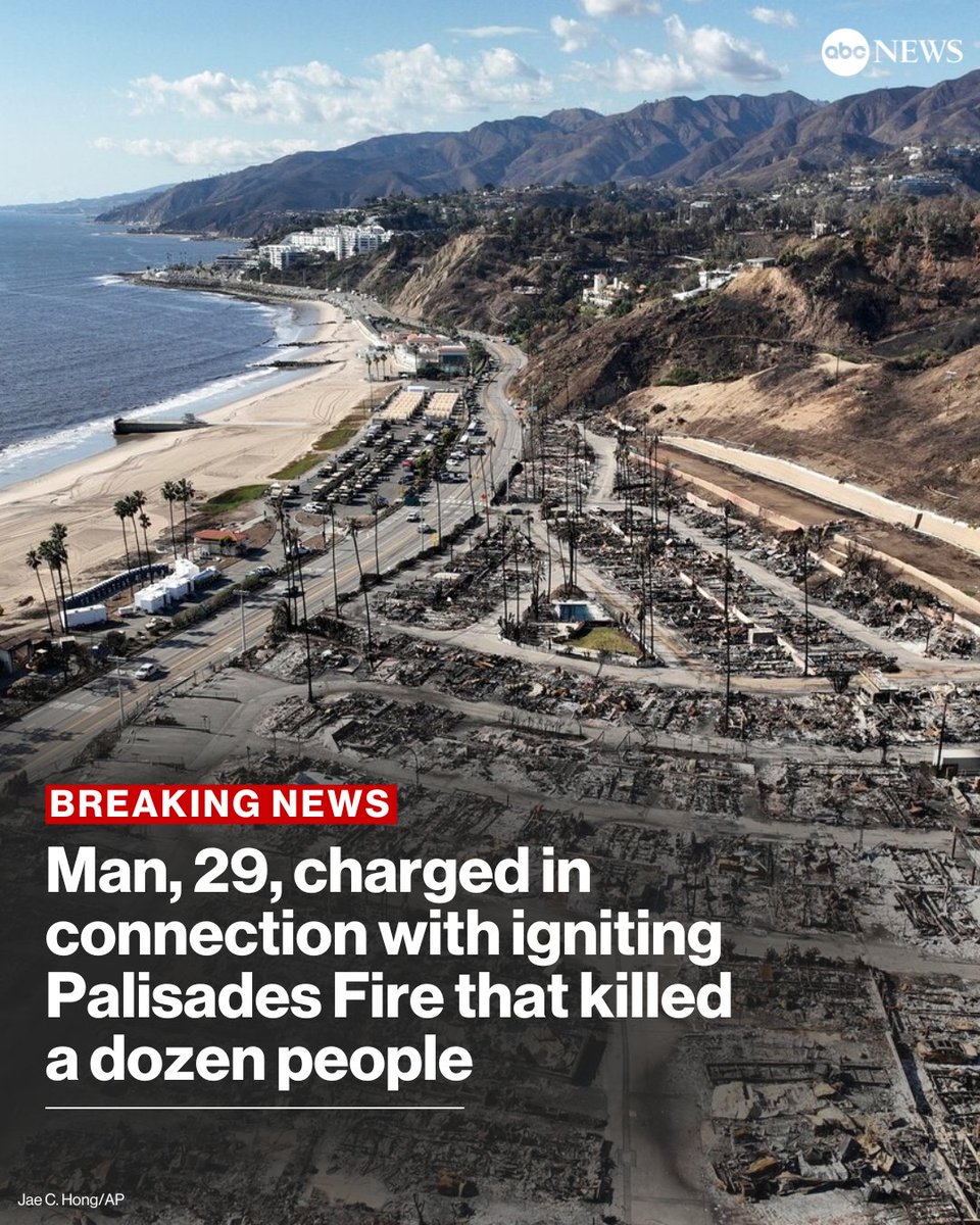 ABC's tweet image. JUST IN: A 29-year-old man is accused of igniting a fire in Los Angeles County that ultimately erupted into the Palisades Fire, the Department of Justice said. A dozen people were killed in the January blaze.

Read more: abcnews.link/EGoPT3K