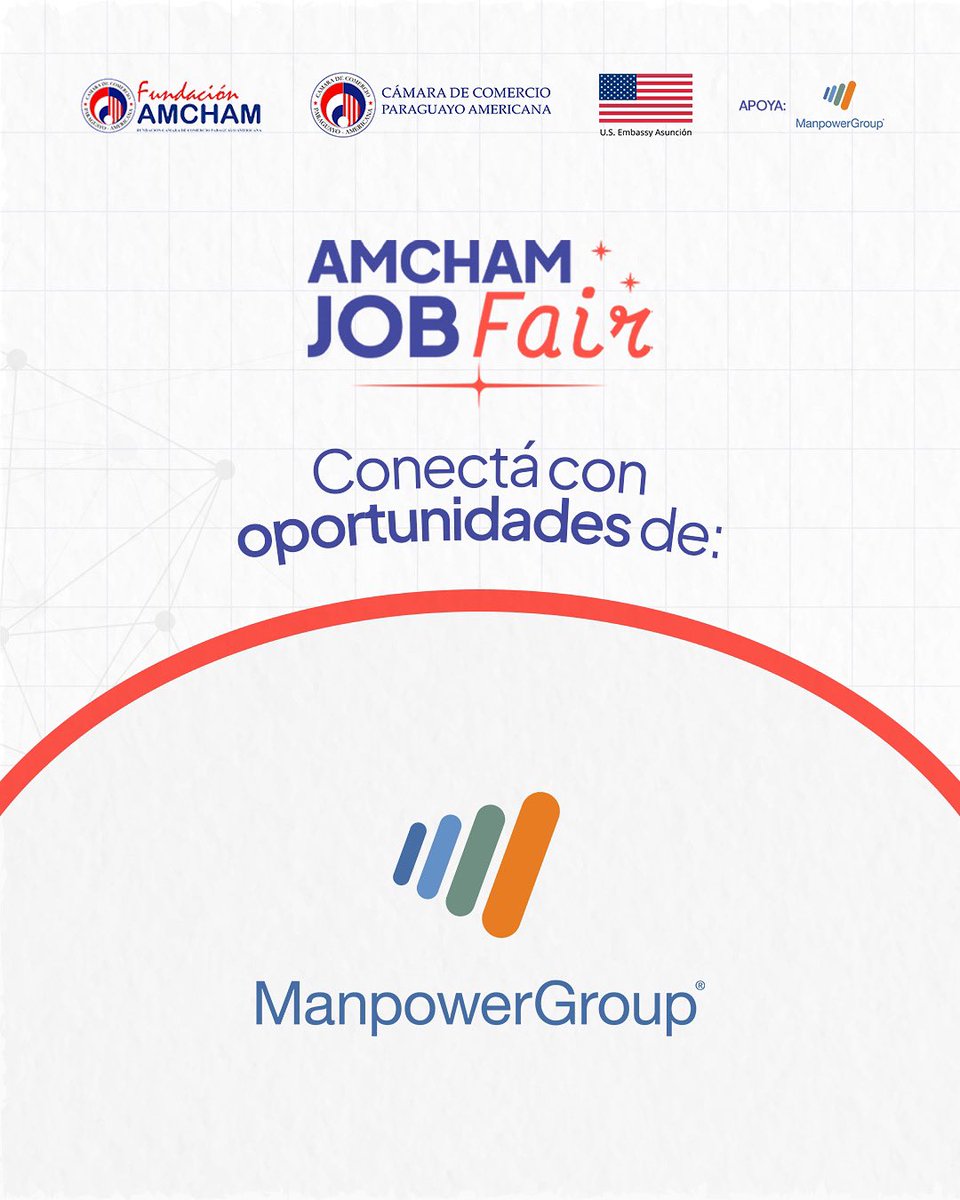 FundacionAMCHAM's tweet image. 👉🏼 Como compañía experta en unir talento con empresas, @ManpowerGroupPy estará en la AmCham Job Fair para conectarte con tu trabajo ideal.
✨ Sumate a la feria: bit.ly/participantesa…