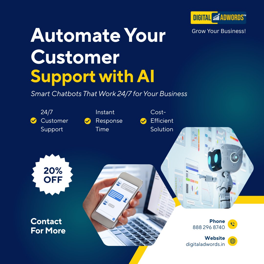 digitaladwords's tweet image. Automate your support with AI 🤖 24/7 smart chatbots. 20% OFF! Visit digitaladwords.in #AIChatbot #DigitalAdWords