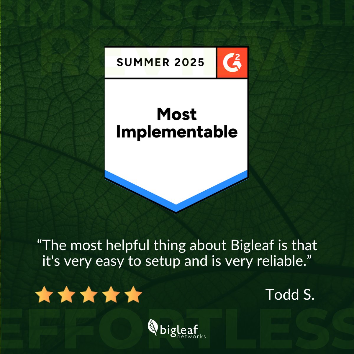 🧩 Plug it in. Power it up. Problem solved.
"The most helpful thing about Bigleaf is that it's very easy to setup and is very reliable." — Todd S.

Deployment doesn’t have to be complicated. With Bigleaf, it just works.
#EasyInstall #BigleafNetworks #G2Awards #WirelessFirst