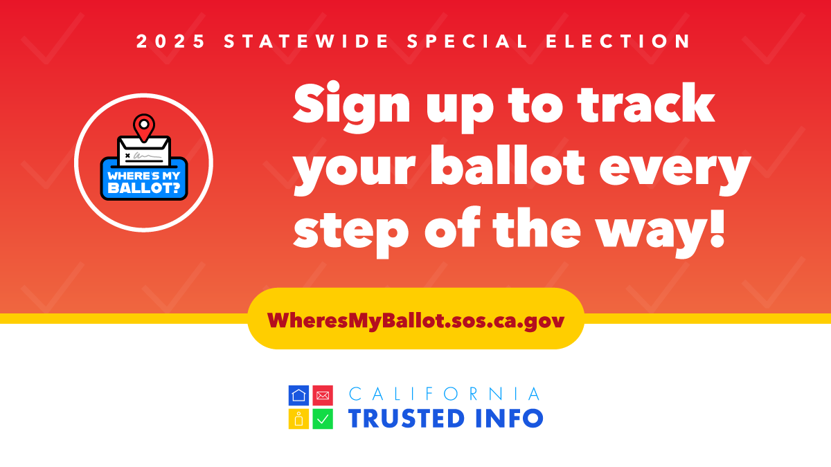 KernElections's tweet photo. Vote-by-mail ballots can be tracked using “Where’s My Ballot?”! Have  confidence in your vote and sign up at https://t.co/oTyqpIWSFc  #CATrustedInfo2025 #VoteCalifornia https://t.co/ILdLlokw28