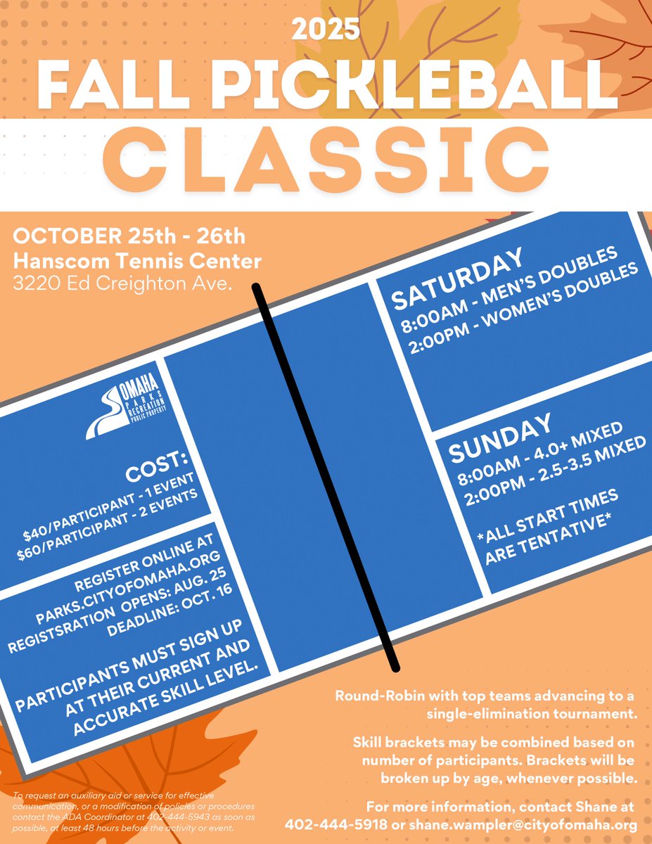 There's still time to register for the Fall Pickleball Classic at Hanscom Tennis Center on Oct. 25th and 26th! Find your partner, grab your paddle, and sign up to compete in this fun, round-robin tournament! Open to all skill levels. 🏓

Register today: ow.ly/f4KU50WYSZ7