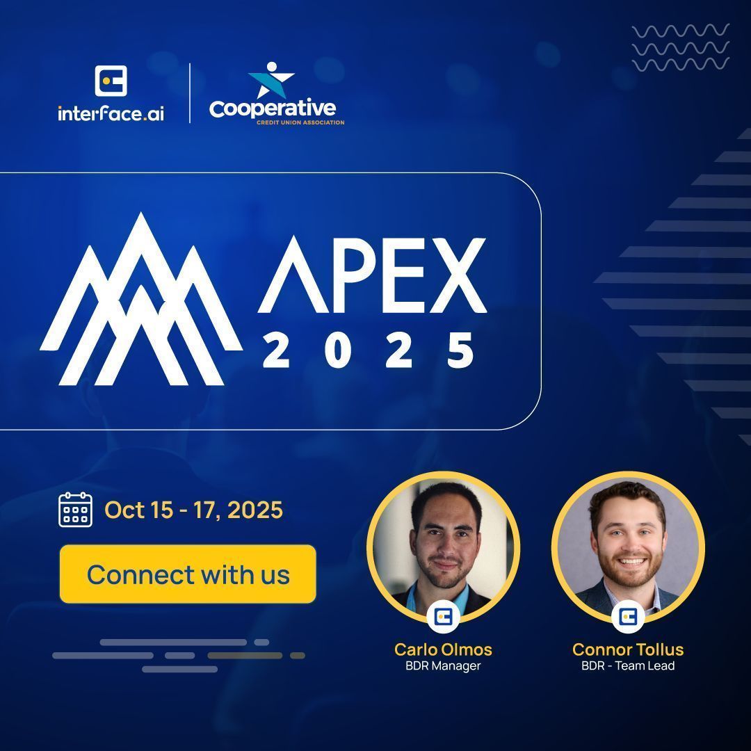 interfaceAI's tweet image. 🚀interface.ai is heading to APEX 2025!🚀
Visit us at booth #421 to see AI agents in action and discover how agentic AI is transforming member experiences.
👉Better still, book a time with us at the event: interface.ai/events/apex-20…
#APEX2025 #CreditUnions #AgenticAI