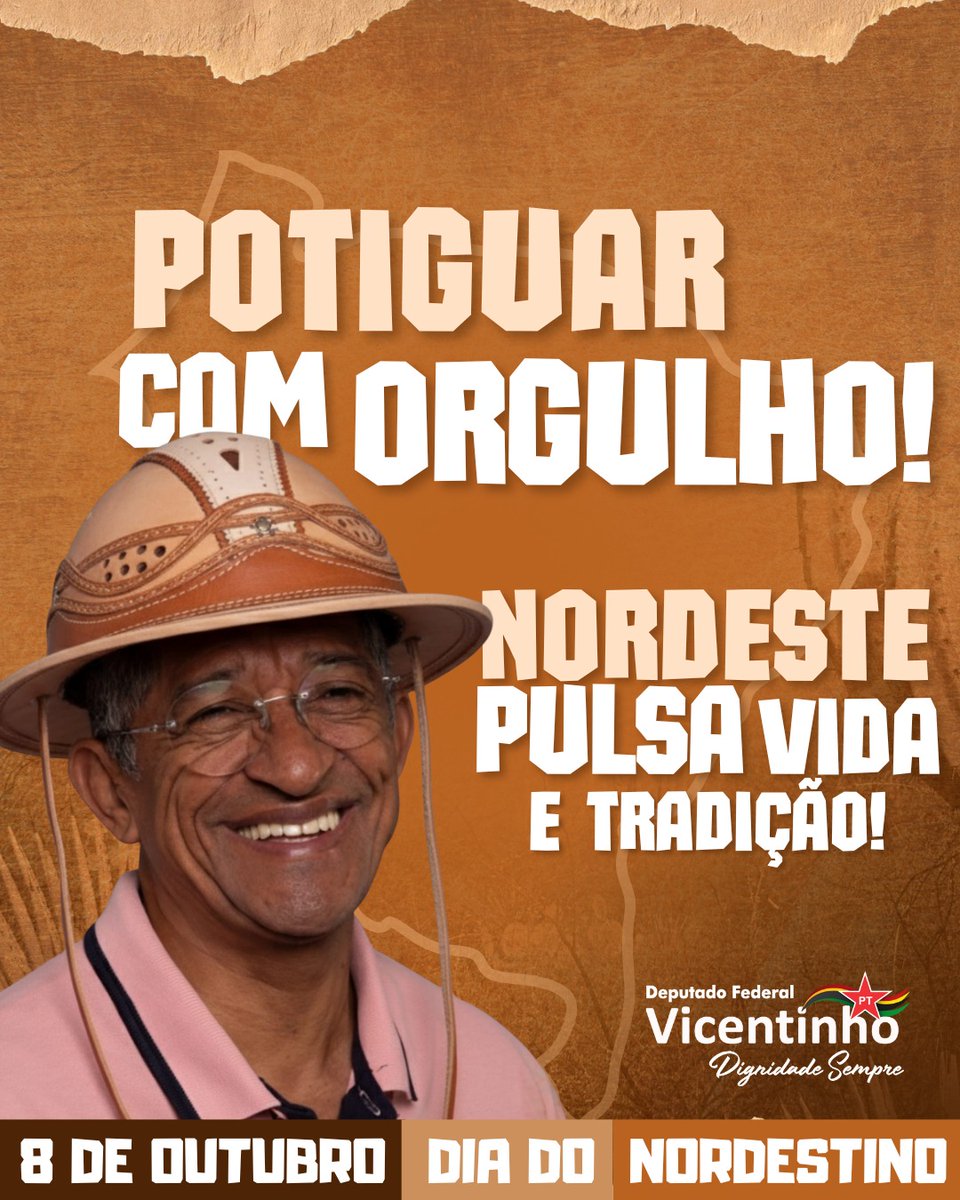 ❤️🌵​POTIGUAR COM ORGULHO! NORDESTE PULSA VIDA E TRADIÇÃO! 

​Hoje, 8 de Outubro, é o #DiaDoNordestino. Celebramos a força, a cultura e o povo trabalhador que move o nosso país!
​Viva o Nordeste!

#Nordeste #8deOutubro