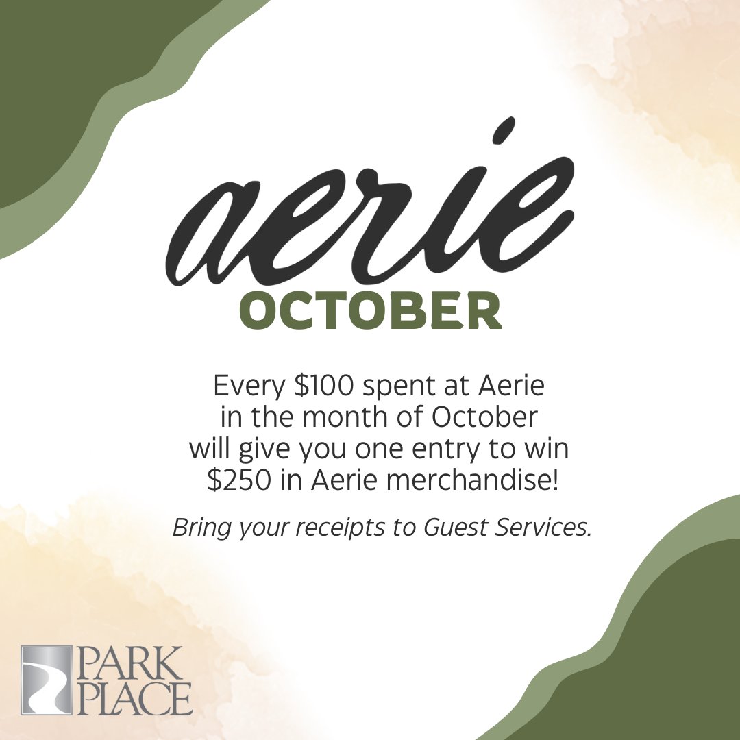 Every $100 spent at <a href="/Aerie/">Aerie</a> during October earns you one entry for a chance to win $250 in Aerie merchandise!
To participate, simply bring your receipts to Guest Services. #yql