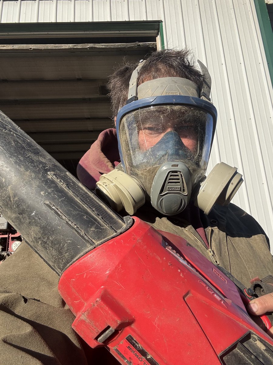 Canola harvest is all wrapped up. One more time blowing off all the chaff and powdery mildew. NH3 mask works good to save my eyes and lungs