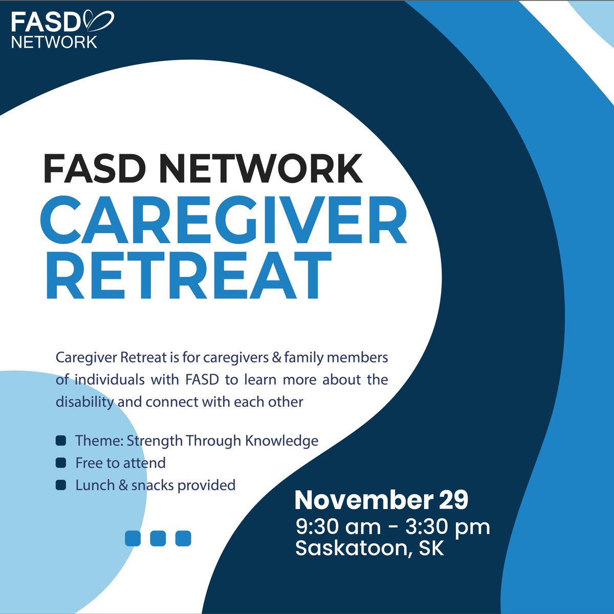 SaskFASDNetwork's tweet image. We&apos;d like to invite caregivers and family members of individuals with FASD to join us in Sasktoon on Saturday, November 29th for a free session to learn more about Fetal Alcohol Spectrum Disorder (FASD) and how to best support our loved ones.
2025CaregiverRetreat.eventbrite.ca