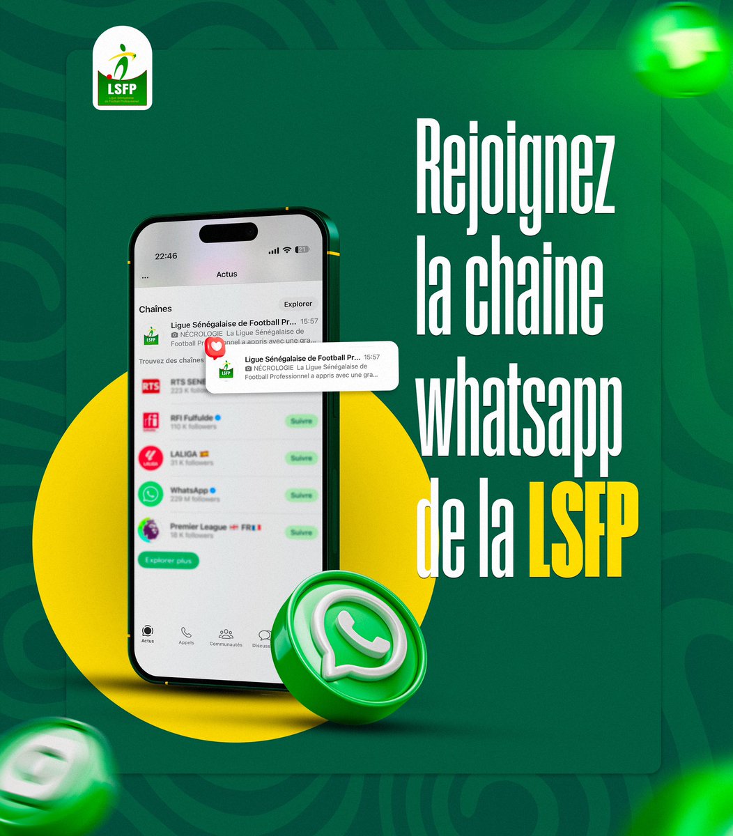 LSFP_sn's tweet image. 🇸🇳⚽ Passionné(e) de foot local ?
Ne rate plus rien de l’actualité de la Ligue Sénégalaise de Football Professionnel !

📲 Rejoins notre chaîne WhatsApp officielle.

👉 whatsapp.com/channel/0029Vb…

#LSFP #FootLocal #Ligue1SN #Ligue2SN