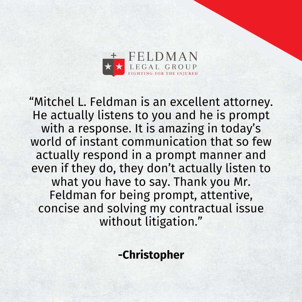 Feldman_Legal_'s tweet photo. Our clients say it best. Read how we’ve gone to bat for the injured and wronged across Florida. Or leave a review of your own experiences. https://t.co/SSx9Cr3wXj #FightingForTheInjured #EmploymentLaw #PersonalInjury #Florida https://t.co/4ccDEE4utb