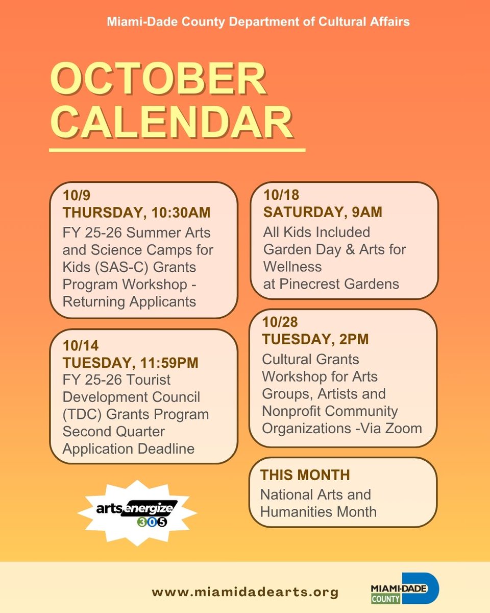 Mark your calendar and note key cultural arts events and opportunities with the Miami-Dade County Department of Cultural Affairs in the month of October!
miamidadearts.org/calendar/month

#October #OurCounty #MiamiDadeArts #ArtsEnergize305