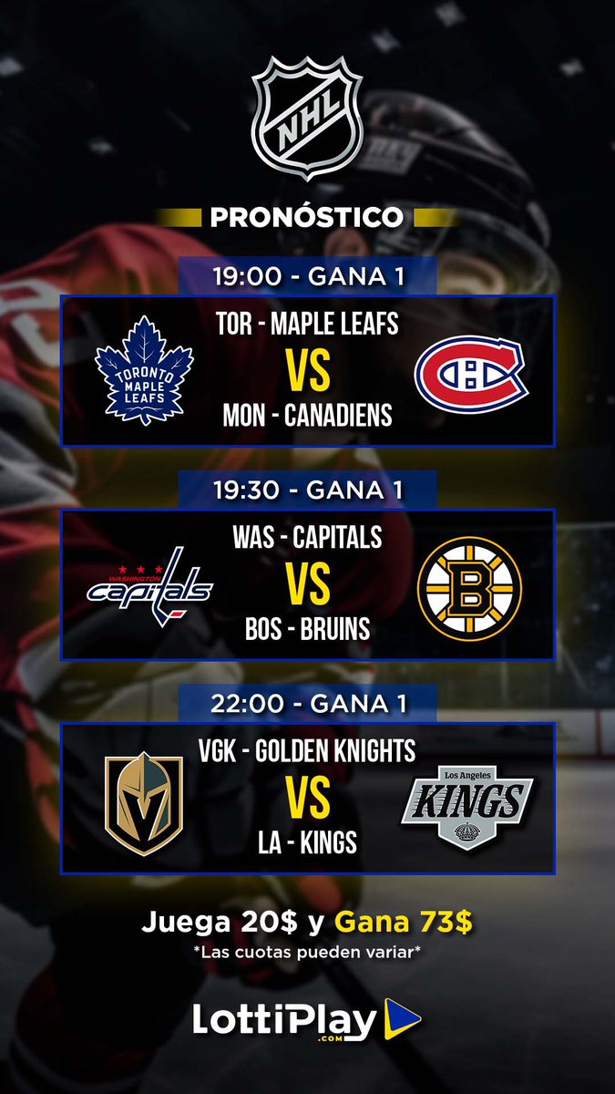 ¡Noche de Hockey en la #NHL! 🏒✨

Estos son los partidos de hoy:
🍁 Maple Leafs vs Canadiens  Habs
🦅 Capitals vs Bruins 🐻
⚔️ Golden Knights vs Kings 👑

¡Haz tu jugada en LottiPlay! ➡️ Juega 20$ y podrías ganar 73$ 💰

#LottiPlay #Hockey #ApuestasDeportivas #Gana