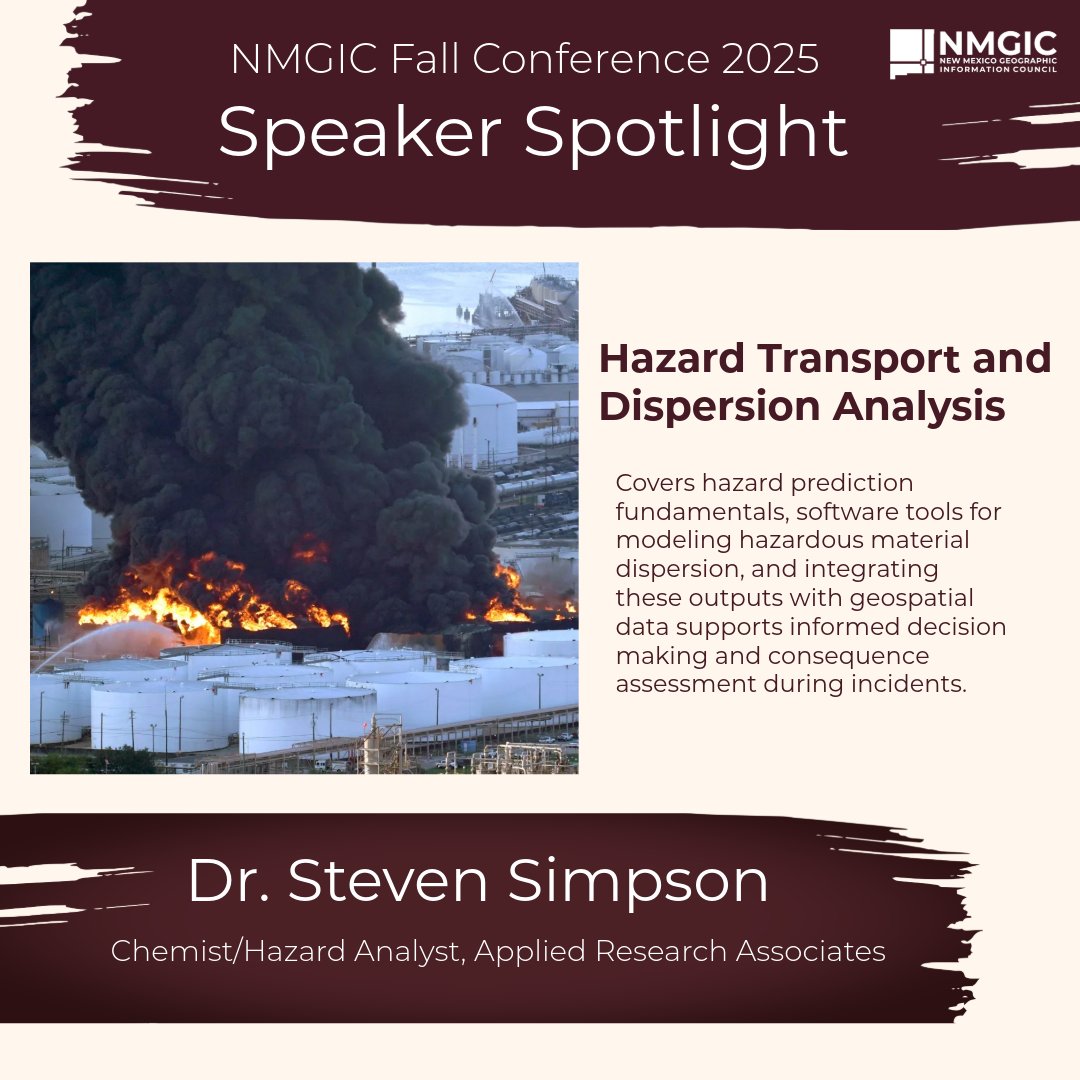 NMGIC SPEAKER SPOTLIGHT: Dr. Steven Simpson, Applied Research Associates, will present on hazard transport and dispersion analysis at the NMGIC Fall Conference. Don’t miss this insightful session! #NMGIC #GIS #Esri #HazardAnalysis nmgic.com/nmgic-fall-con… <a href="/ARA_News_Events/">ARA</a>