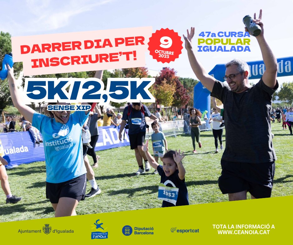 cursapopularigd's tweet photo. 🏃‍♀️🏃‍♂️ DARRER DIA D’INSCRIPCIONS!
Tria entre 5K o 2,5K i viu una jornada plena d’esport, diversió i bon ambient amb família i amics 💙
📅 Inscripcions fins al 9 d’octubre
📍 Sense xip, apte per a totes les edats
ℹ️ Tota la info a 👉 https://t.co/0hDSfljAsK https://t.co/L2kGCpA0mR