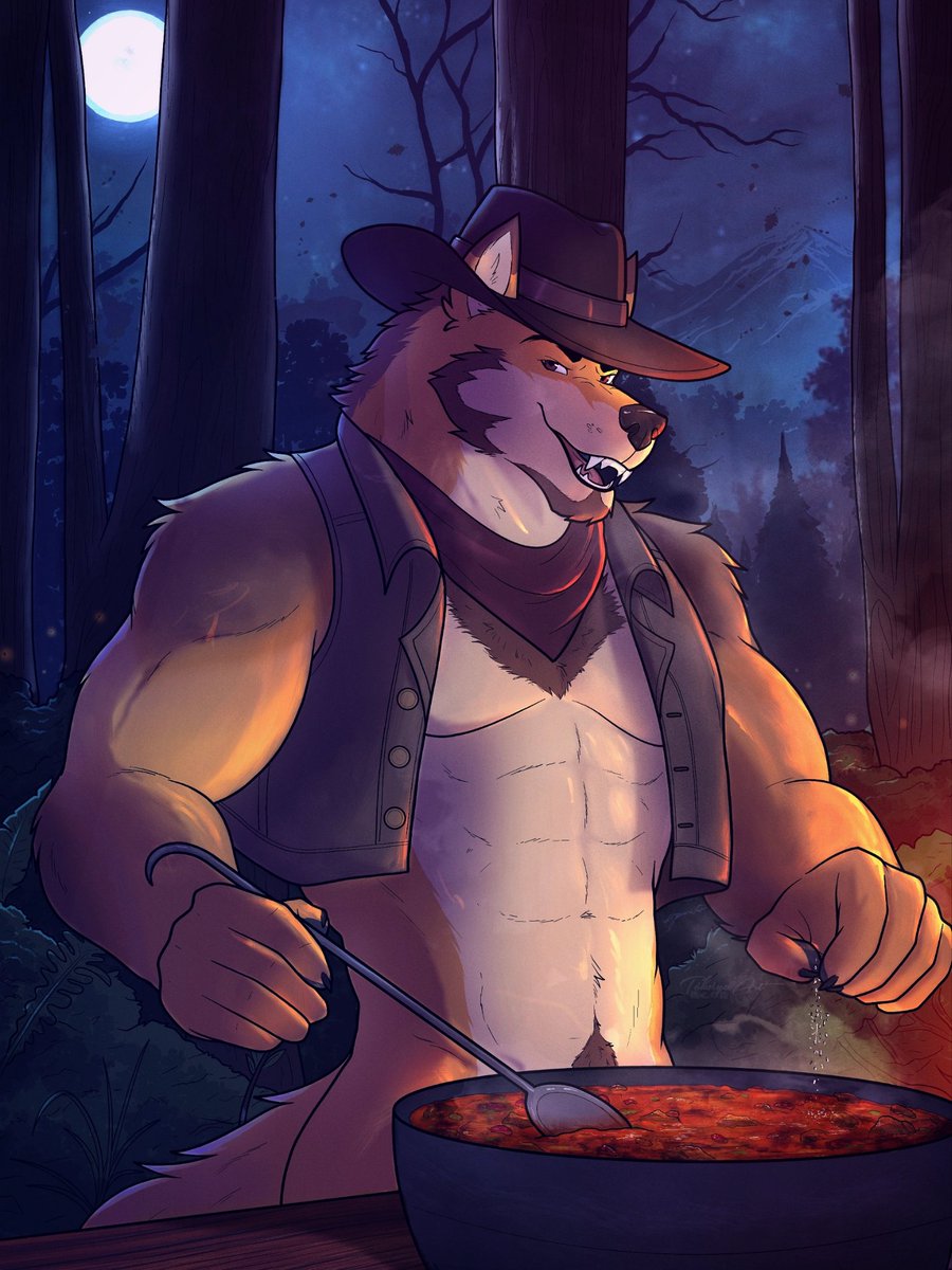 tokuyaartist's tweet photo. "Well howdy there, pup! Right on time for grub, chili's cookin', ya best grab a bowl 'fore it gets cold."

Would you take up the cowboy werewolf's offer? https://t.co/SVtfxhzV1y