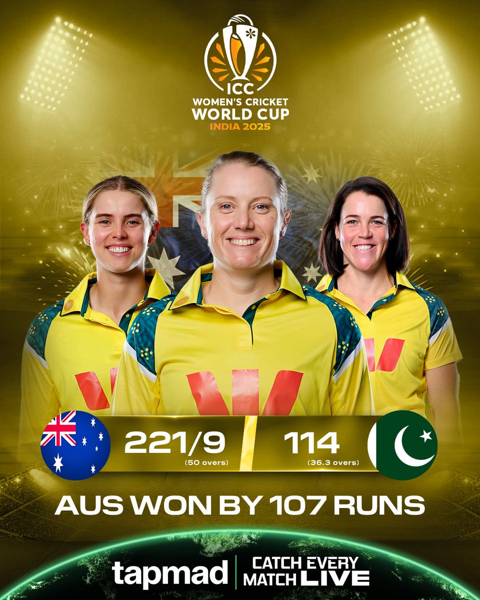tapmadtv's tweet image. Australia outclassed Pakistan by 107 runs! Disciplined bowling and unmatched momentum in the ICC Women’s World Cup 2025 Pakistan showed glimpse of fight, but can they bounce back stronger in the tournament?💪

#AUSvPAK | #CatchEveryMatch | #DontStopStreaming | #tapmad