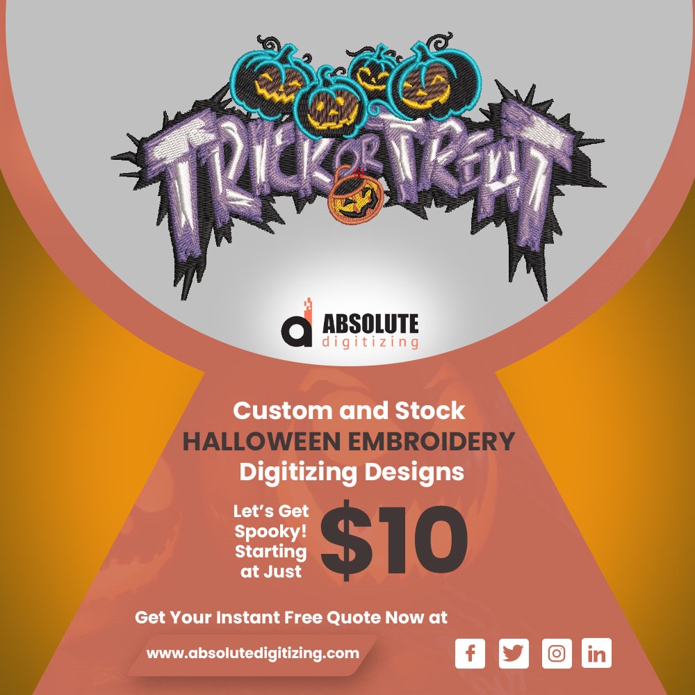 Emb_Digitizing's tweet image. Get spooky this Halloween with custom embroidery digitizing!
Halloween designs start at just $10 with free unlimited edits and 24/7 live chat support. Get your instant free quote now at AbsoluteDigitizing.com
#halloween #customembroiderydigitizing #embroiderydigitizing