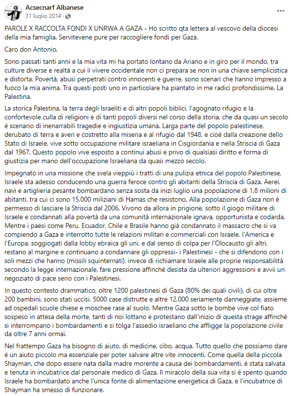 ricpuglisi's tweet photo. Francesca Albanese alle prese con la "lobby ebraica", 2014.

"Mentre i paesi come Peru, Ecuador, Chile e Brasile hanno già condannato il massacro che si va compiendo a Gaza e interrotto tutte le relazioni militari e commerciali con Israele, l'America e l'Europa, soggiogati dalla lobby ebraica gli uni, e dal senso di colpa per l'Olocausto gli altri, restano al margine e continuano a condannare gli oppressi- i Palestinesi - che si difendono con i soli mezzi che hanno (missili squinternati), invece di richiamare Israele alle proprie responsabilità secondo la legge internazionale, fare pressione affinché desista da ulteriori aggressioni e avvii un negoziato di pace serio con i Palestinesi."
