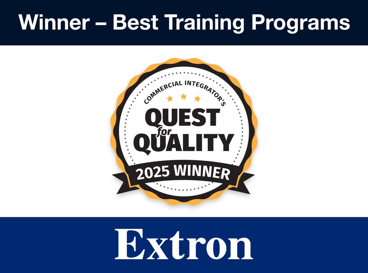 Extron's tweet image. Extron has been awarded a 2025 Commercial Integrator Quest for Quality Award for Best Training Programs!
This recognition is especially meaningful because it comes directly from integrators and AV professionals who rely on our training every day. Whether it’s mastering the…