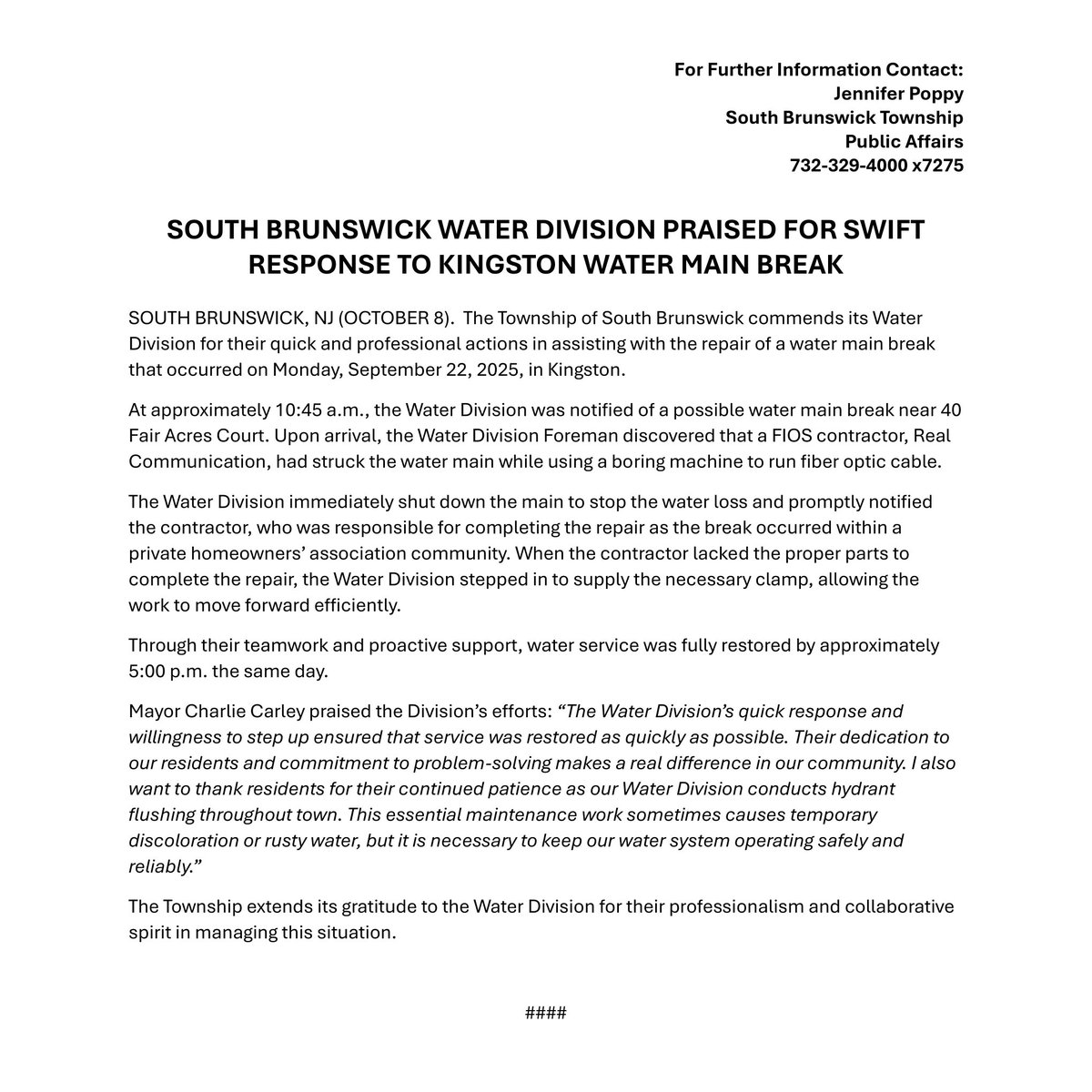 💧The Township commends its Water Division for their quick, professional response to the Kingston water main break on Sept. 22.
Mayor Carley praised their teamwork &amp; dedication to residents.
➡️Visit the home page of southbrunswicknj.gov under News &amp; Notifications for details.